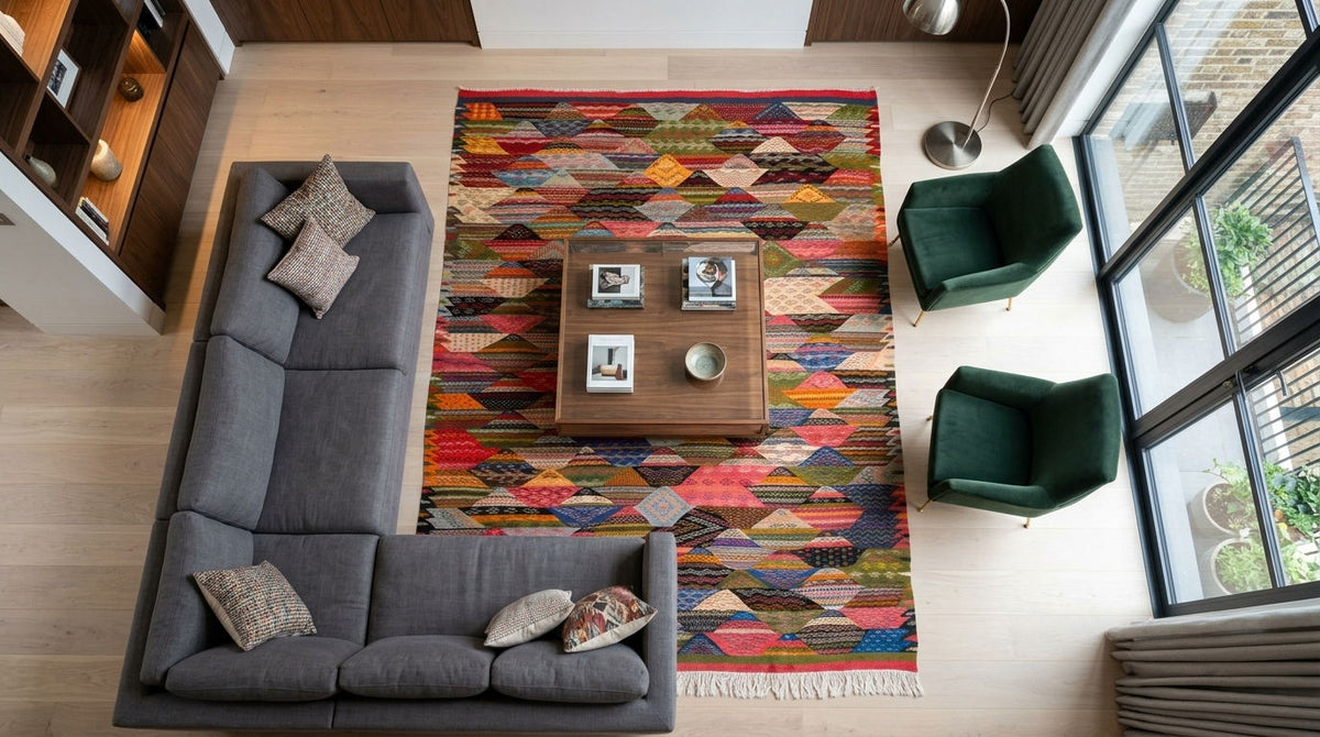A top-down view of a modern living room featuring a large, vibrant cubist area moroccan rug in the center, styled with a gray sectional sofa, two green armchairs, and a wooden coffee table.