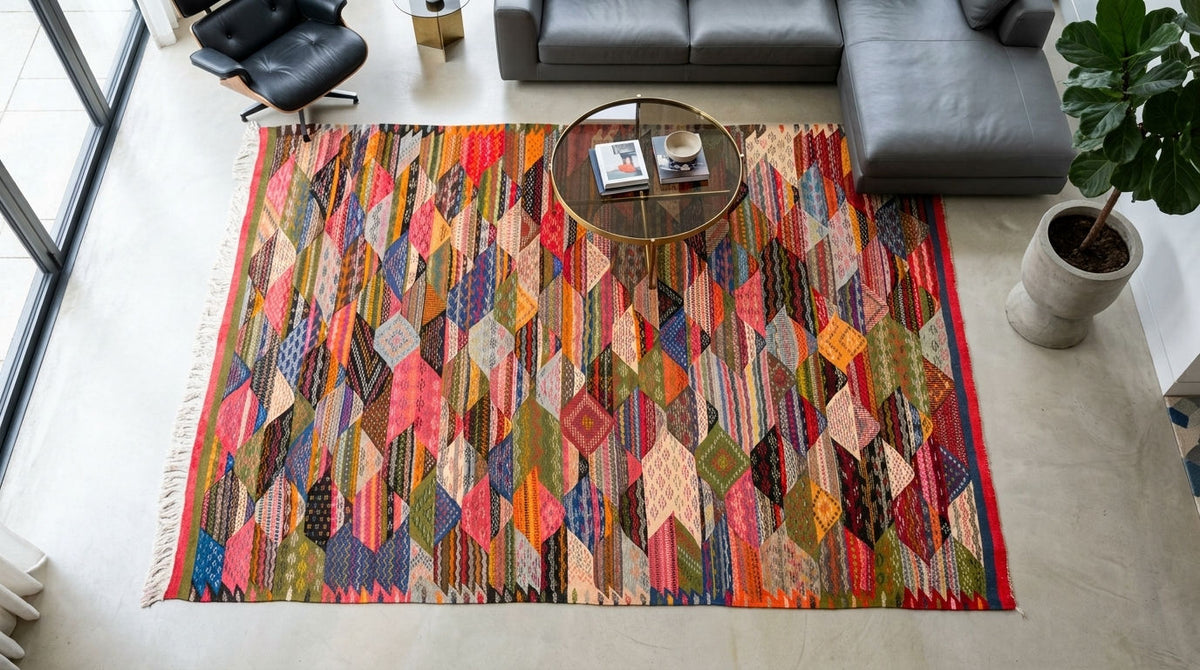 A large rectangular handwoven moroccan rug from Taznakht  with a colorful geometric patchwork pattern, styled in a modern living room setting with a gray sectional sofa, black leather chair, and potted plant.