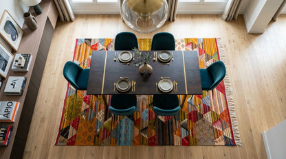 A high-angle view of a dining room featuring a dark wood rectangular table set with six teal chairs on a vibrant, multicolored patchwork-style moroccan area rug with fringe.