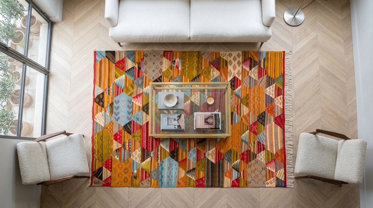 A vibrant, multicolored geometric cubist moroccan area rug from taznakht styled in a modern living room setting with a light wood herringbone floor, a white sofa, and two accent chairs.
