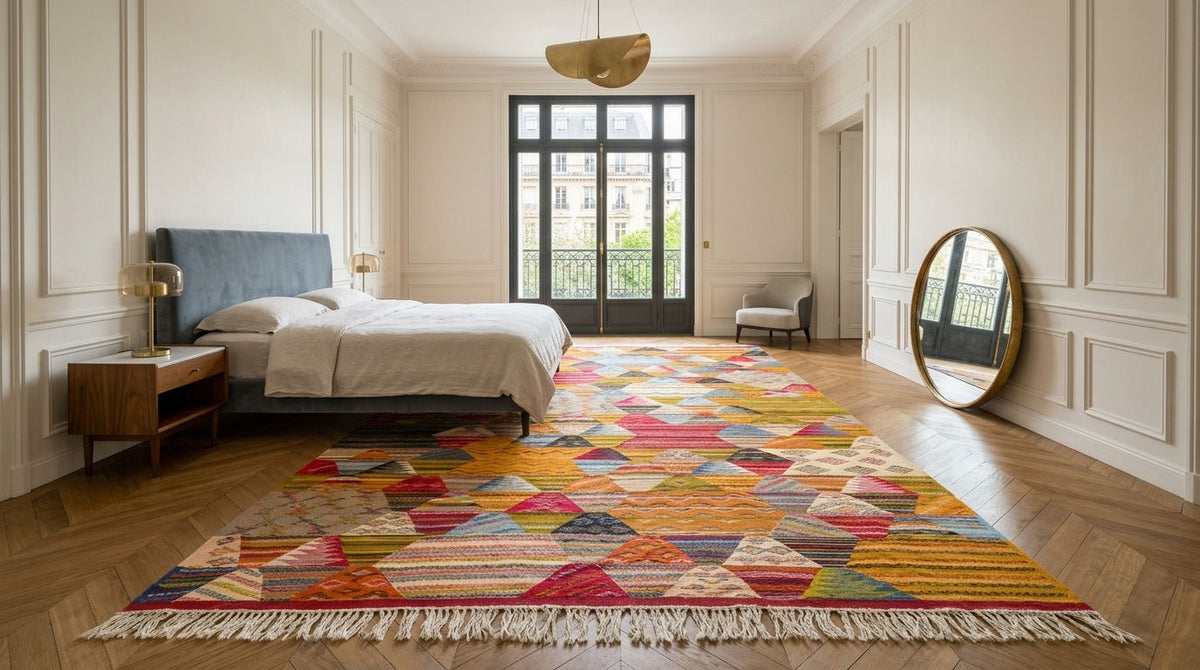 A large, colorful geometric moroccan area rug with white fringe, styled in a bright, modern bedroom with light wood floors, a blue-gray bed, and cream paneled walls.