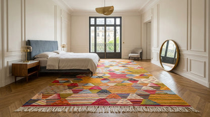 A large, colorful geometric moroccan area rug with white fringe, styled in a bright, modern bedroom with light wood floors, a blue-gray bed, and cream paneled walls.