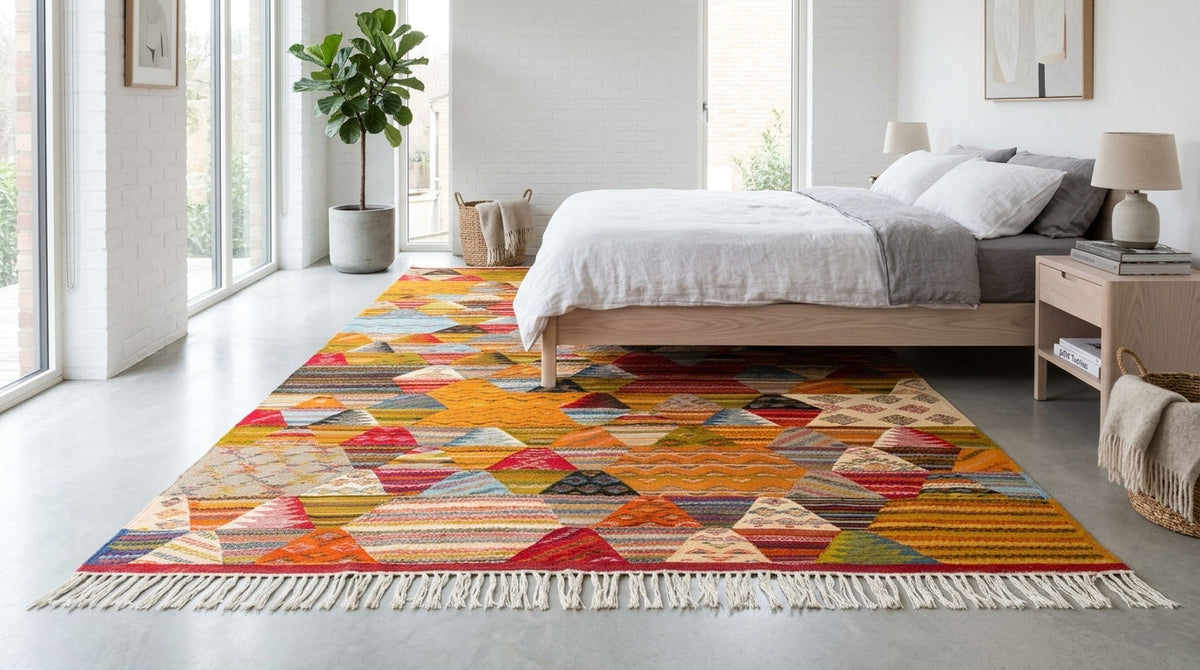 A colorful geometric moroccan area rug from taznakht with fringe, styled in a bright, modern bedroom next to a bed with white bedding.