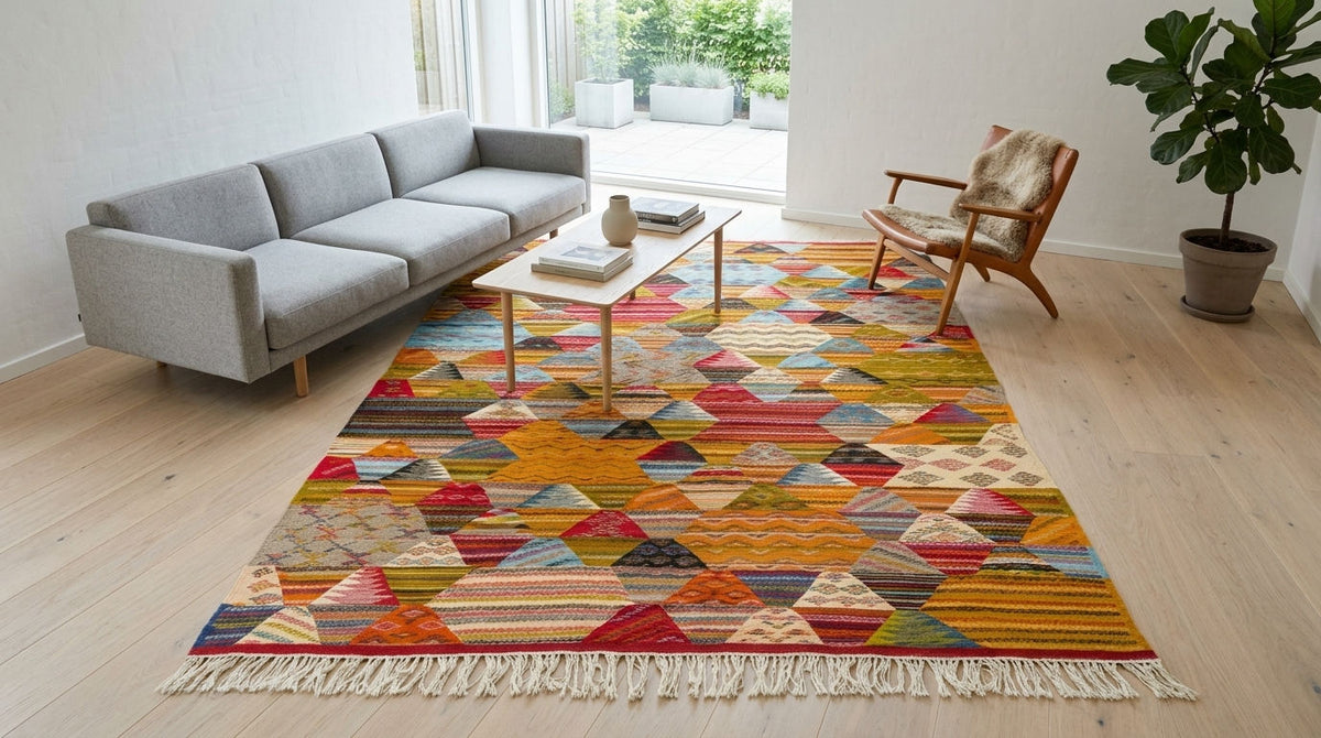 A colorful cubist moroccan area rug with fringe, styled in a bright modern living room next to a gray sofa, wooden coffee table, and a wooden armchair.