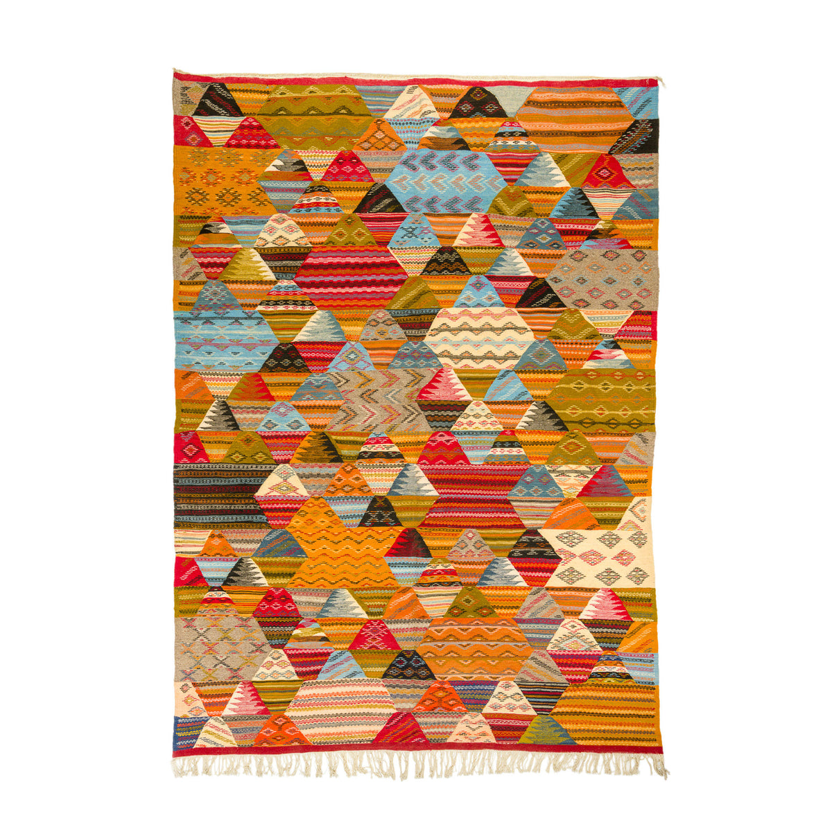 A square woven Moroccan rug from Taznakht with a colorful cubist diamond pattern made of many small striped and patterned fabric triangles, finished with cream fringe along the bottom edge, shown on a plain white background.
