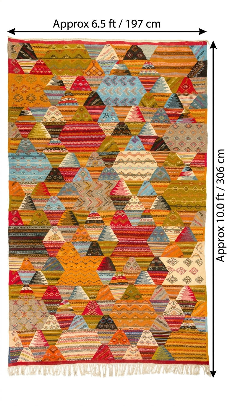 A multicolor moroccan taznakht rug with a geometric diamond pattern, shown with dimension arrows indicating an approximate size of 6.5 ft by 10.