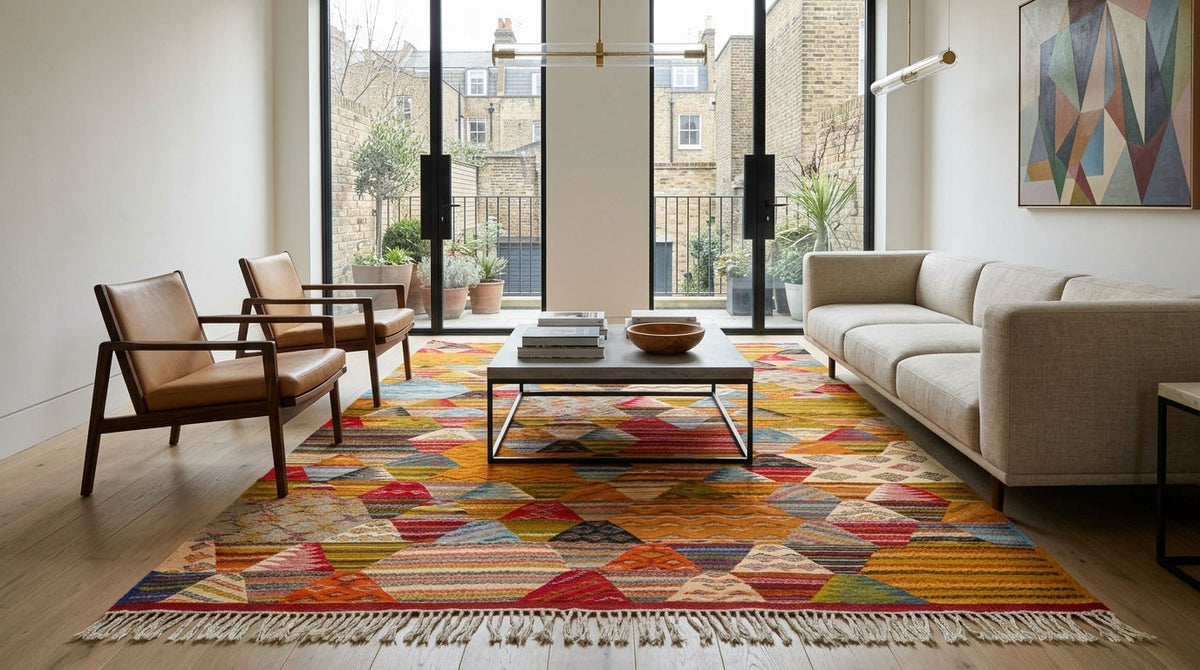 A large geometric handwoven moroccan area rug with a multicolor patchwork pattern and white fringe, styled in a modern living room with a beige sofa, wooden armchairs, and a black coffee table.