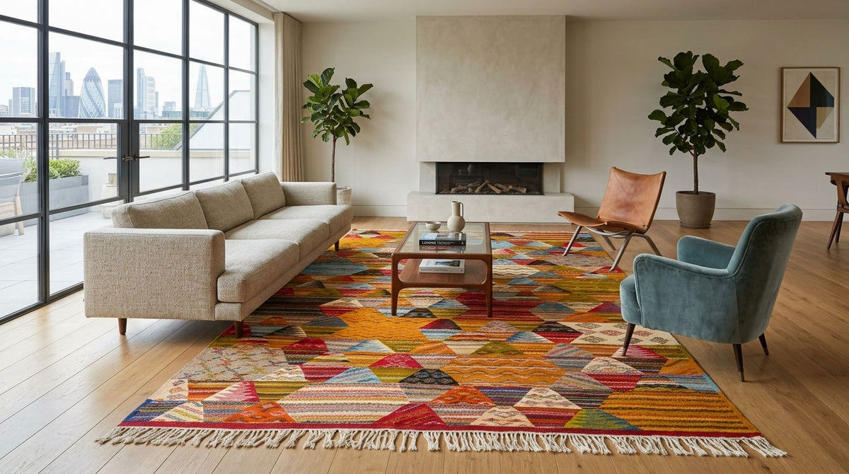 A colorful geometric patterned moroccan area rug with fringe, styled in a modern living room with a beige sofa, teal armchair, wooden coffee table, and large windows.