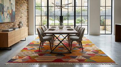 A large, vibrant moroccan cubist area rug in orange, yellow, red, and blue tones, styled under a wooden dining table and six gray upholstered chairs in a modern dining room with a brick wall and large black-framed windows.