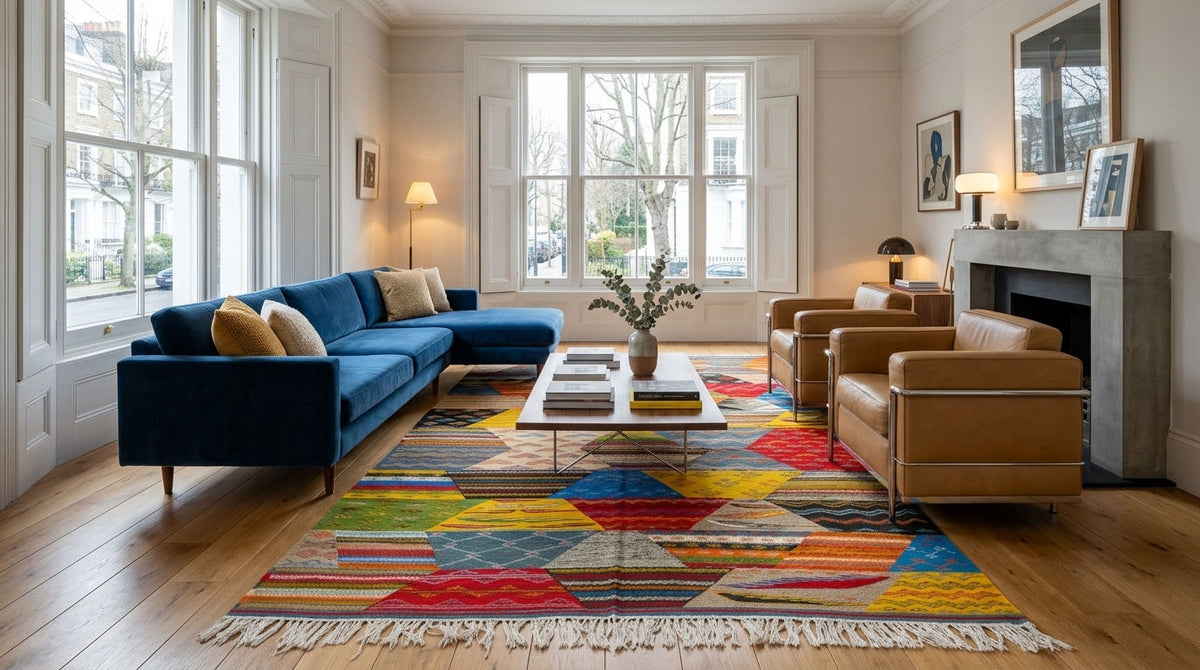 A vibrant, multicolored cubist moroccan area rug with fringe, styled in a bright, modern living room with a blue sectional sofa, tan leather armchairs, and a wooden coffee table.