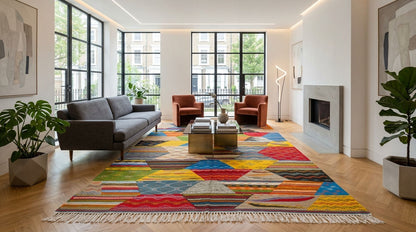 A large, vibrant geometric moroccan area rug with multicolored cubist design and white fringe, styled in a modern living room with a gray sofa, brown armchairs, and a fireplace.