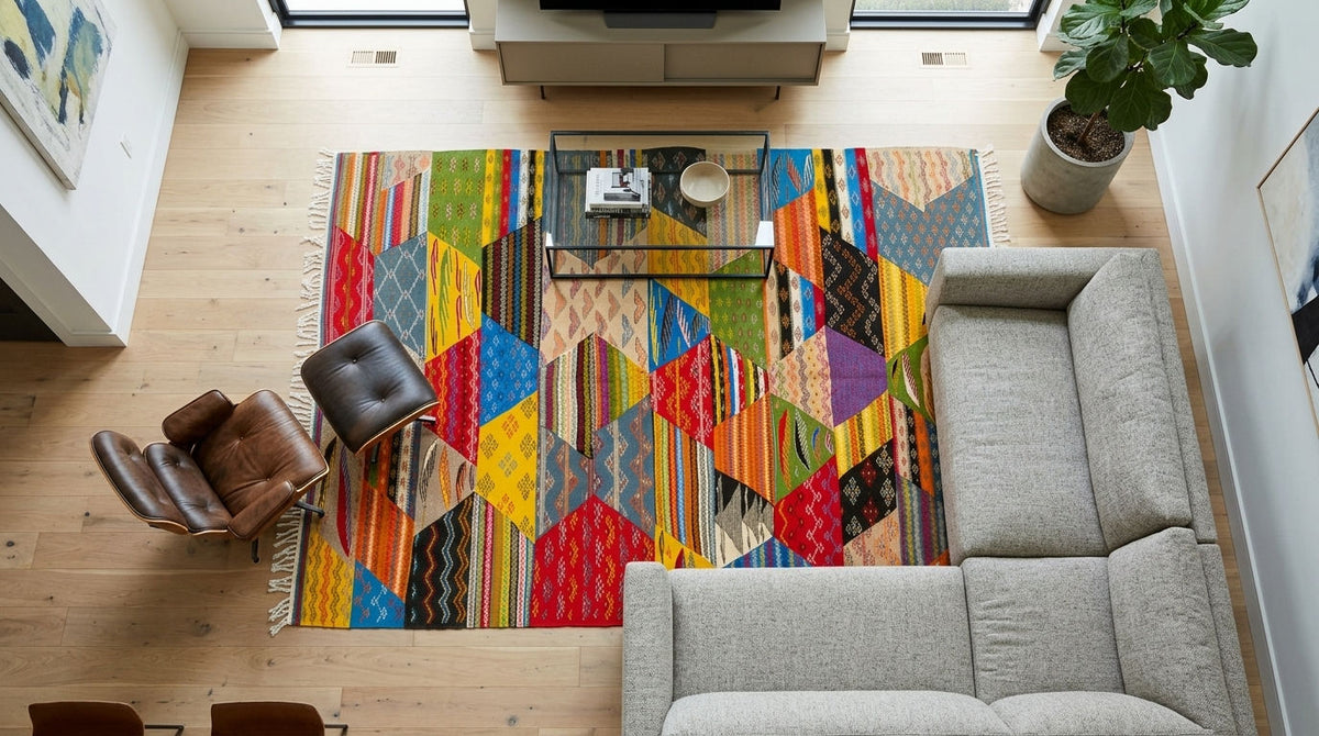 A colorful geometric moroccan area rug from taznakht with a patchwork design of triangles and stripes in red, yellow, blue, green, orange, and purple, styled in a modern living room with a light gray sectional sofa, a brown leather chair, and light wood floors.
