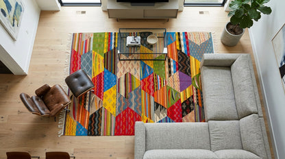 A colorful geometric moroccan area rug from taznakht with a patchwork design of triangles and stripes in red, yellow, blue, green, orange, and purple, styled in a modern living room with a light gray sectional sofa, a brown leather chair, and light wood floors.
