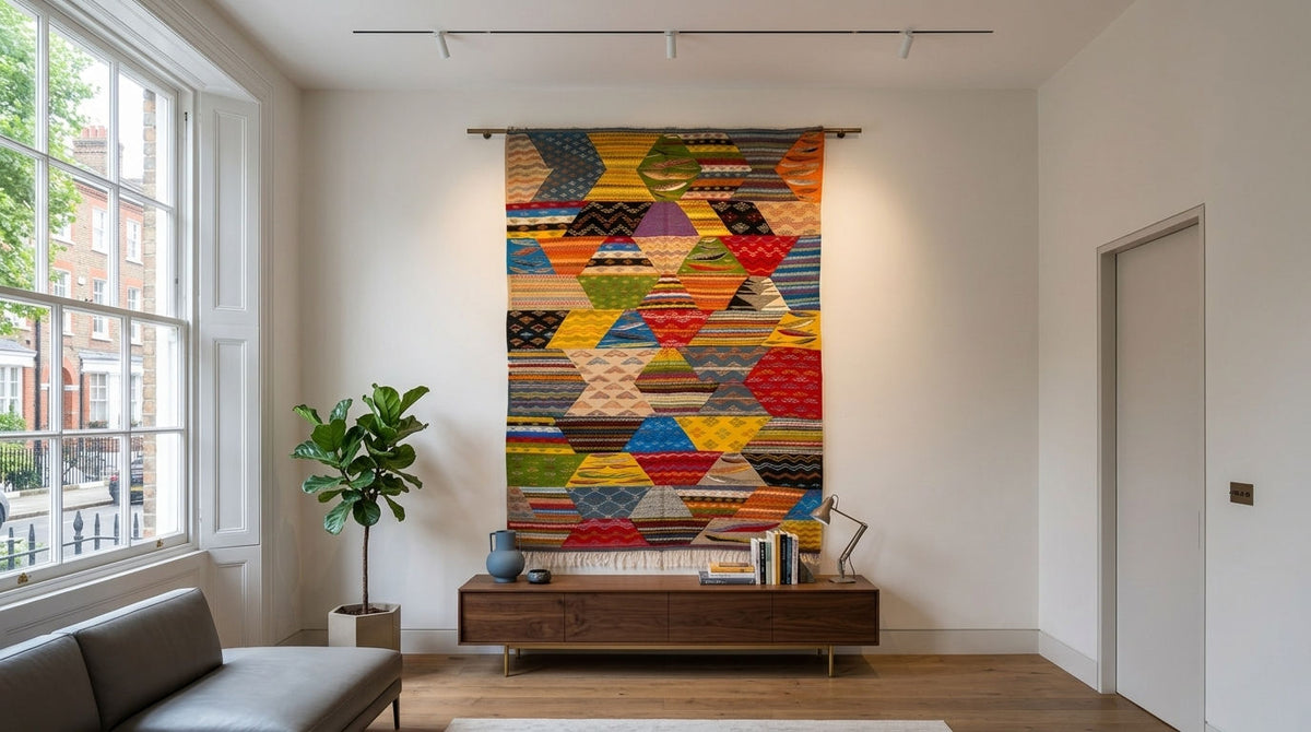 A large, colorful geometric patterned tapestry moroccan cubist rug hangs on a wall in a modern living room setting with a wooden console table, a potted plant, and a gray leather sofa.