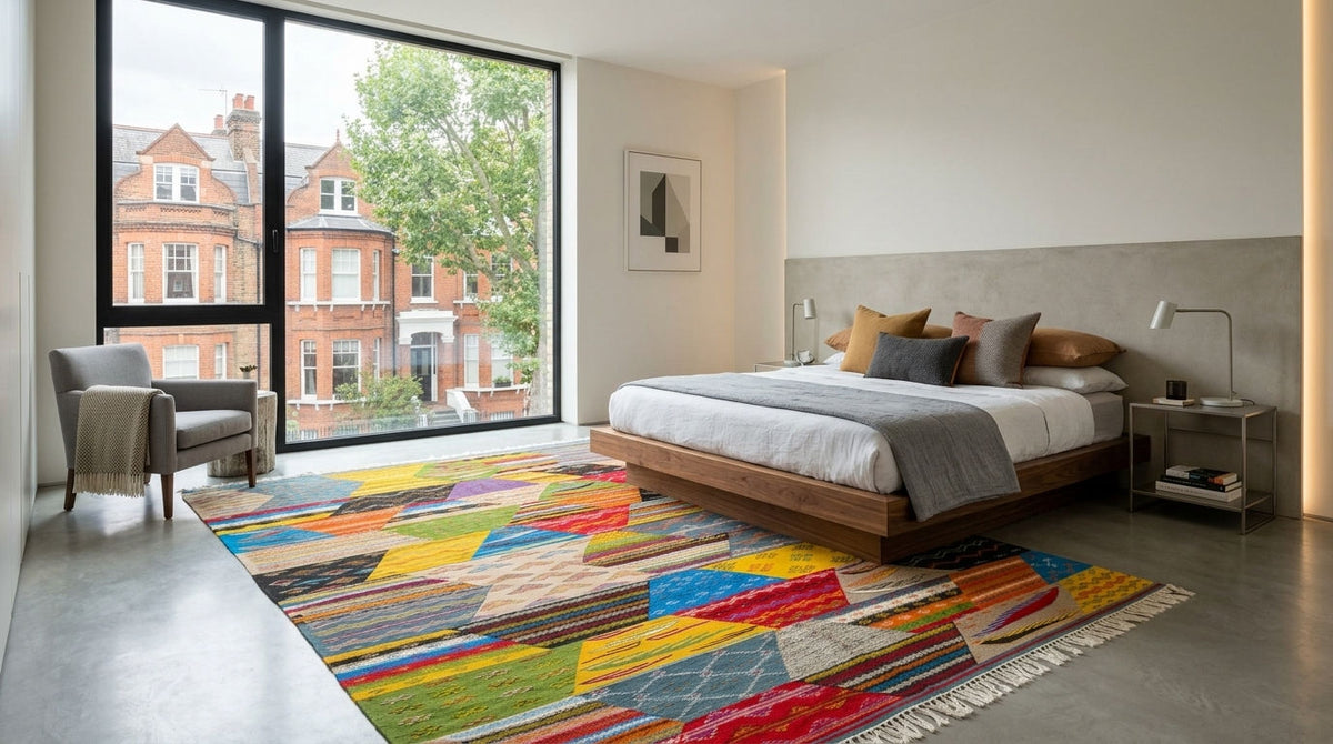 A colorful geometric moroccan cubist area rug with fringe, styled in a modern bedroom setting with a wooden bed, gray armchair, and large window overlooking brick buildings.