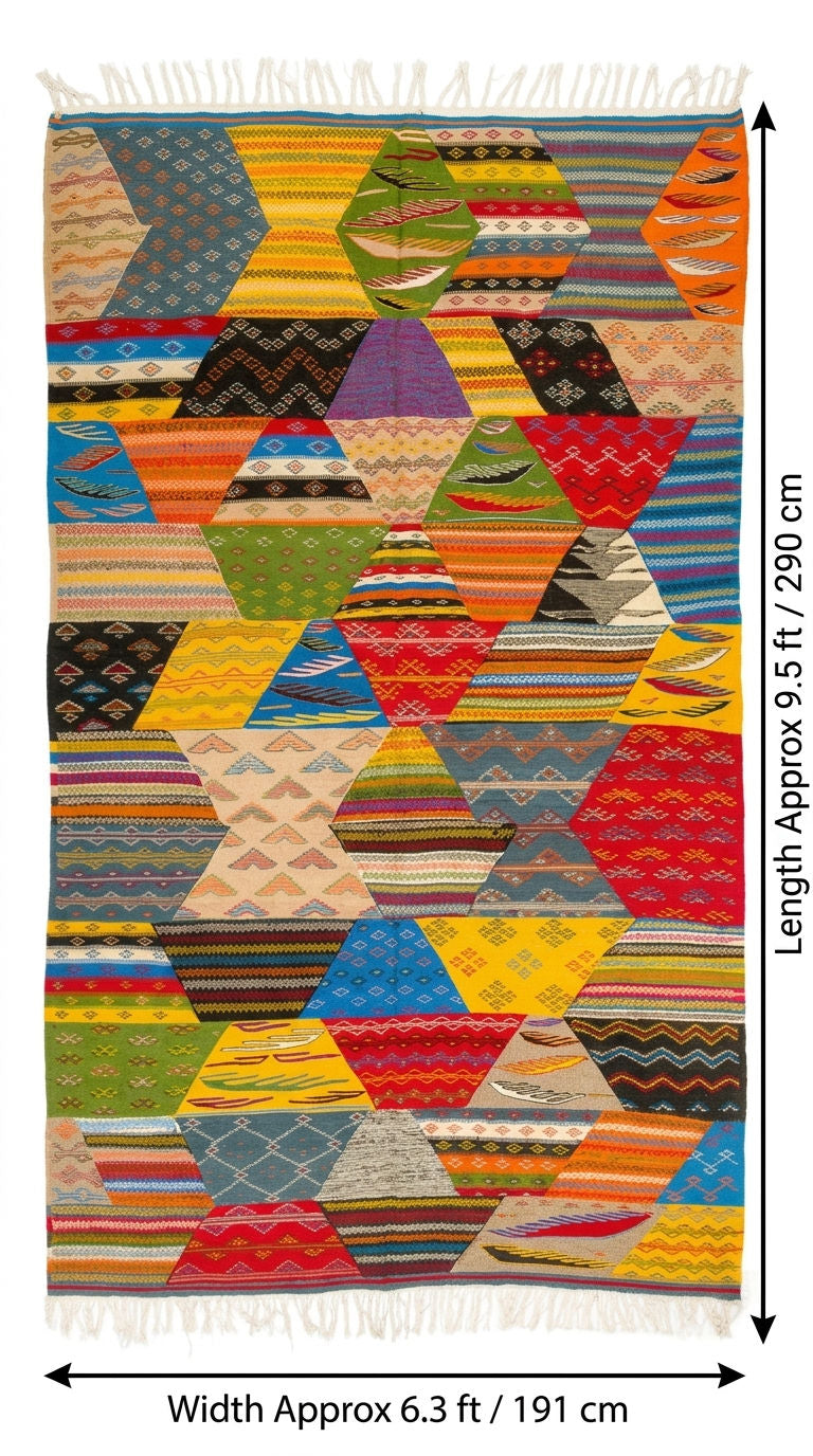 A colorful geometric moroccan rug  kilim with a triangular star-like pattern, shown with dimension labels indicating a width of approximately 6.3 ft (191 cm) and a length of approximately 9.