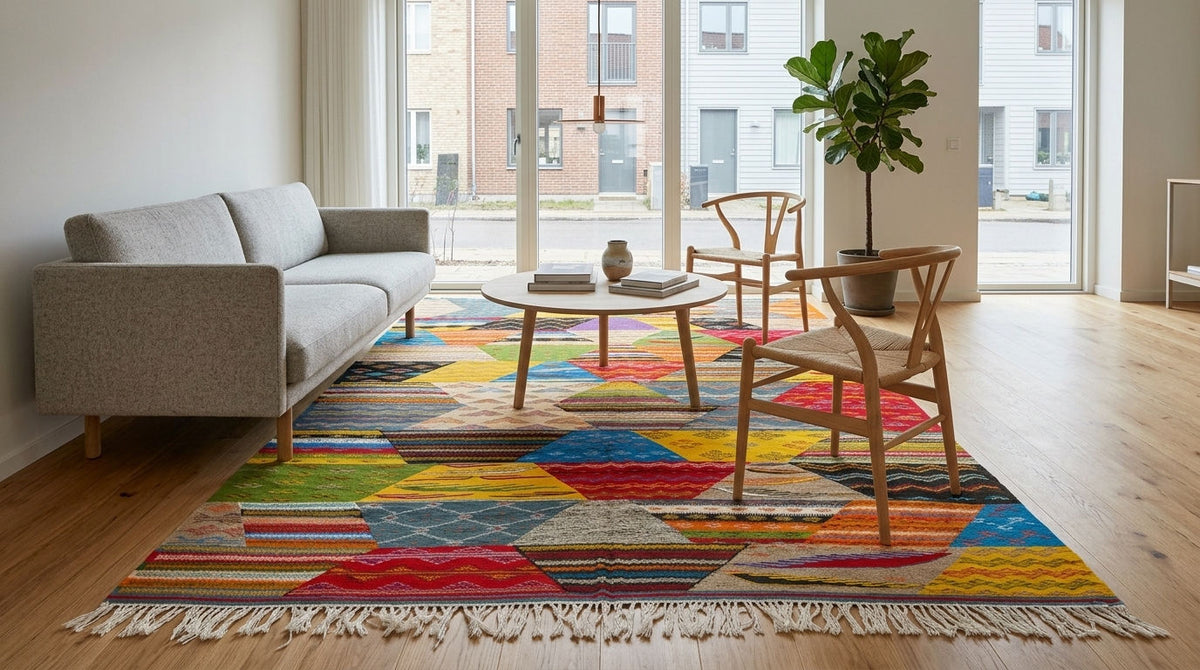 A colorful geometric moroccan area rug with fringe, styled in a modern living room with a gray sofa, wooden chairs, and a round coffee table.