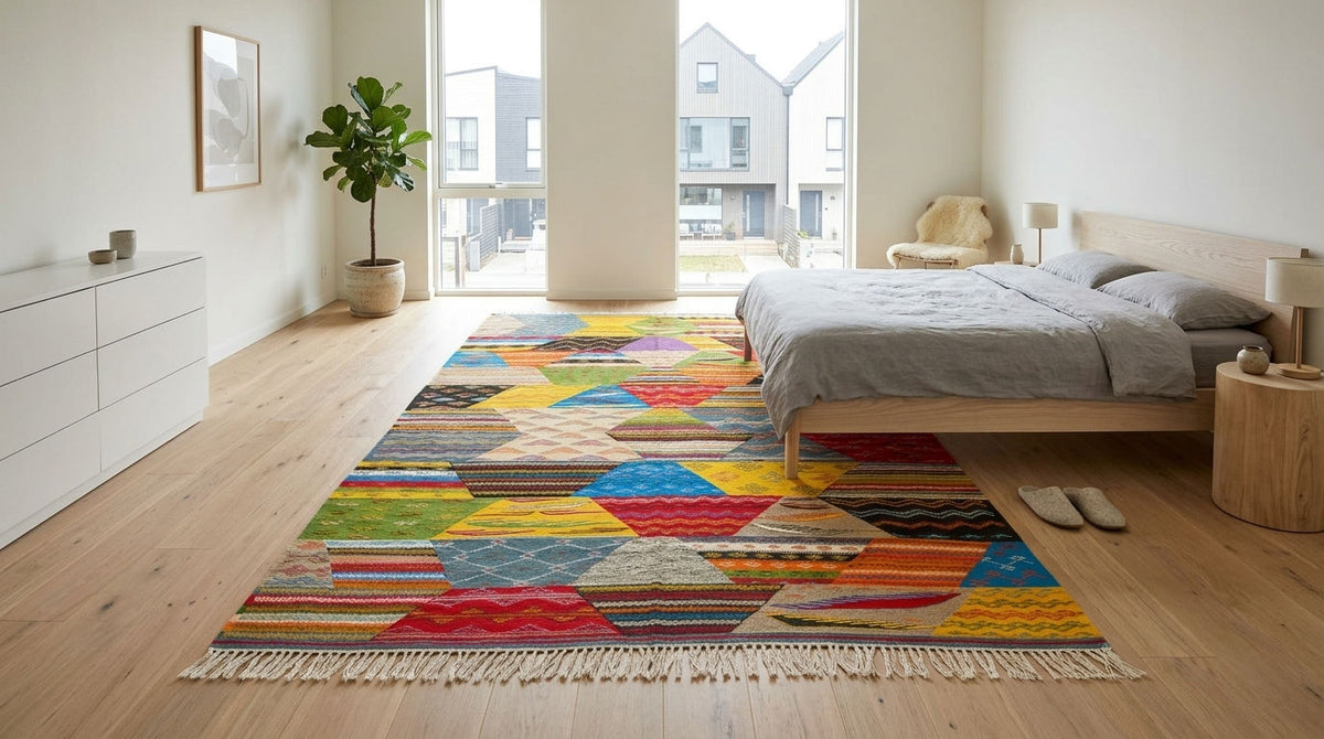A colorful cubist moroccan area rug with fringe, styled in a bright, modern bedroom with light wood floors, a wooden bed, and large windows.