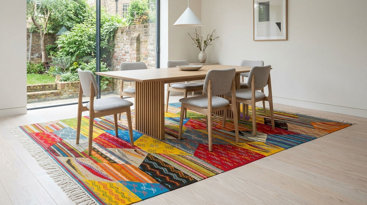 A colorful handwoven cubist area rug with fringe, styled under a wooden dining table and six chairs in a bright, modern dining room with large windows.