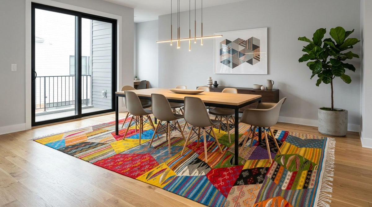 A colorful geometric taznakht area rug in a modern dining room setting with a wooden dining table, gray chairs, and light wood flooring.