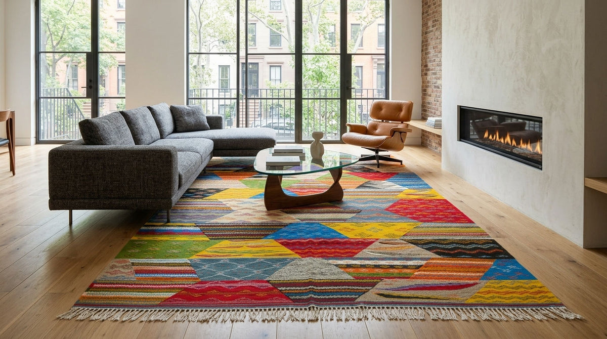 A colorful geometric moroccan rug with a multicolor abstract cubist pattern and fringe, styled in a modern living room with a gray sectional sofa, glass coffee table, and fireplace.