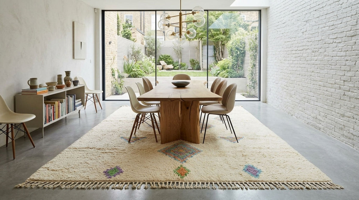 A large cream-colored area rug with colorful geometric patterns and fringe trim, styled in a modern dining room with a wooden table and chairs.