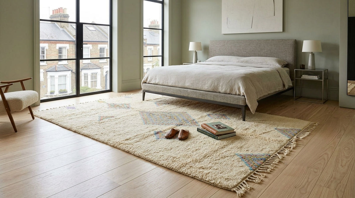 A large cream-colored shag area rug with fringe and subtle blue geometric patterns, styled in a modern bedroom with a wooden bed, bedside tables, and large windows.