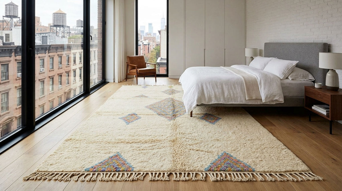 A large cream-colored shag area rug with a geometric diamond pattern in blue, orange, and brown, styled in a modern bedroom with a bed, nightstands, and large windows overlooking a city skyline.