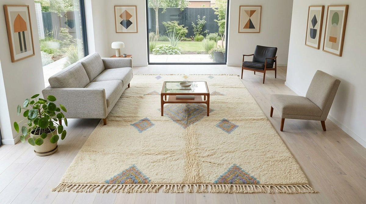 A large Beni ourain moroccan rug with geometric diamond patterns and fringe trim, styled in a bright, modern living room with a light gray sofa, wooden coffee table, and large windows.