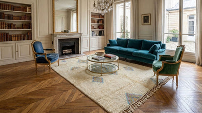 A luxurious living room featuring a deep teal velvet sofa, a matching teal armchair, a blue velvet accent chair, and a round glass-top coffee table on a large cream-colored patterned rug. The room has classic French architectural details, including a fireplace with a gold mirror, built-in bookshelves, and a herringbone wood floor.