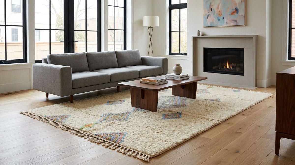 A modern living room scene featuring a light gray three-seater sofa, a dark wood coffee table, a cream-colored area rug with fringe, and a built-in fireplace in a bright, contemporary room.