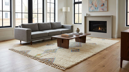 A modern living room scene featuring a light gray three-seater sofa, a dark wood coffee table, a cream-colored area rug with fringe, and a built-in fireplace in a bright, contemporary room.