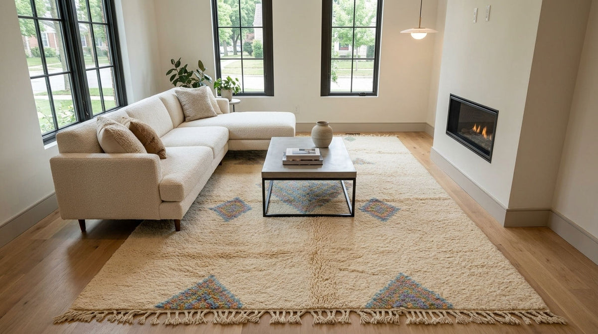 A large cream-colored area rug with a geometric pattern and fringe trim, styled in a modern living room with a beige sectional sofa, a glass-top coffee table, and a fireplace. Moroccan beni ourain rug.