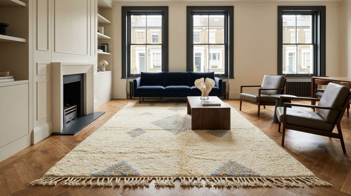 A large Moroccan beni ourain cream-colored area rug with fringe and subtle geometric patterns in blue, yellow, and brown, styled in a modern living room with a navy blue sofa, wooden coffee table, and two gray armchairs.