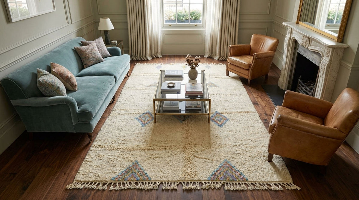 A large cream shag area rug with blue and beige geometric patterns and fringe, styled in a classic living room with a teal sofa, leather armchairs, and a fireplace.
