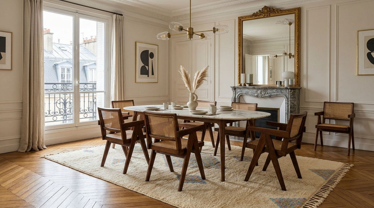 A dining room scene with a rectangular wooden dining table and six matching wooden chairs arranged on a large cream rug. The room has cream walls, a large gold-framed mirror, a fireplace, and a window looking out onto a balcony.