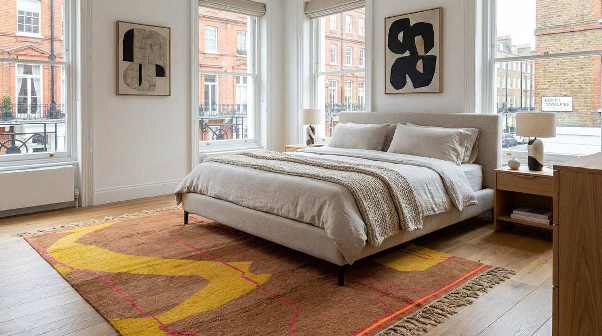 A large abstract Moroccan area rug with yellow, brown, and orange tones set in a modern bedroom featuring a light beige upholstered bed with neutral bedding. The room has hardwood floors, large windows with brick views, and minimalist wall art.