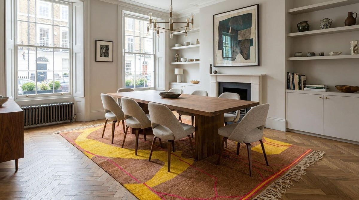 A large Moroccan patterned area rug set in a dining room scene with a rectangular wooden dining table and six upholstered chairs. The room has light walls, built-in shelving, a fireplace, and tall windows with visible city buildings outside.