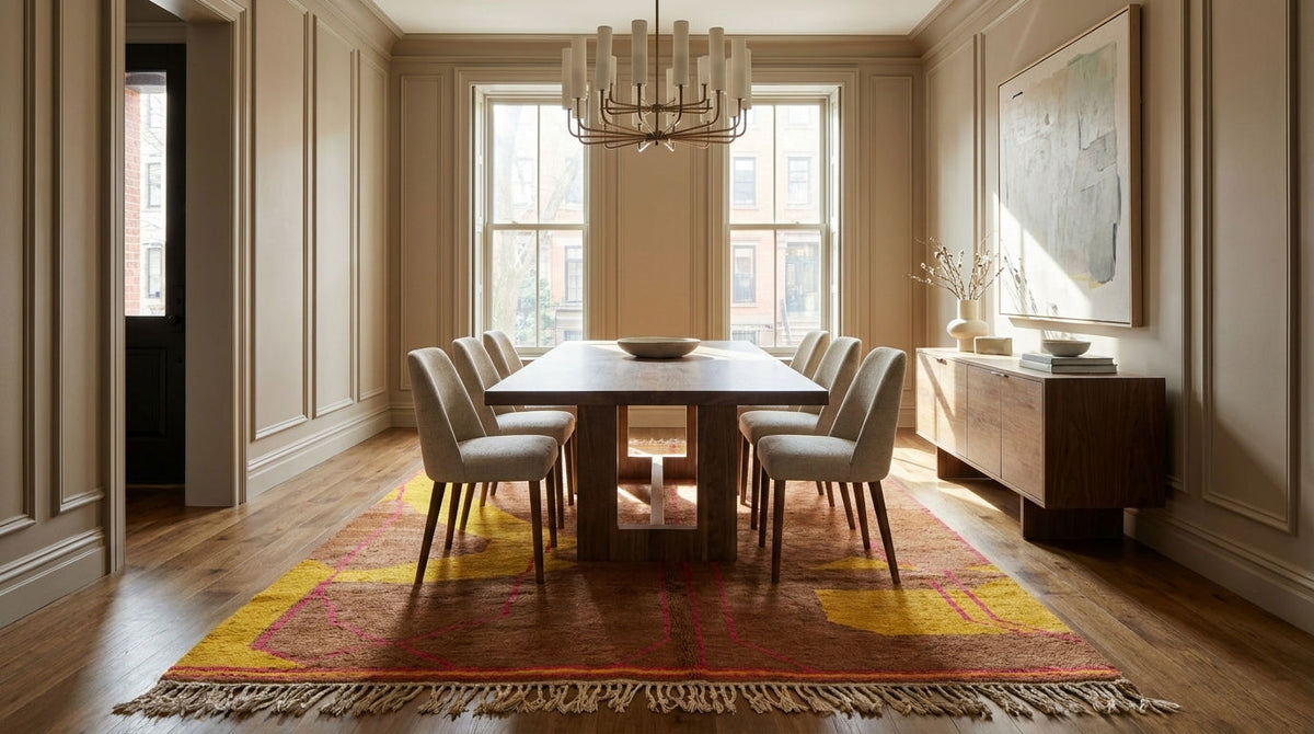 A large patterned Moroccan area rug set in a dining room interior with a rectangular wooden dining table and six upholstered chairs. The room has warm beige walls, wood flooring, a chandelier overhead, and a sideboard against the right wall.