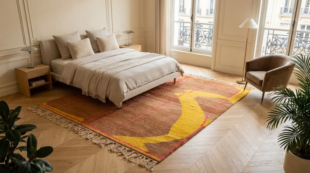 A large area rug with a yellow and red abstract design on a brown background, styled in a bright, modern bedroom with a bed, armchair, and potted plants.