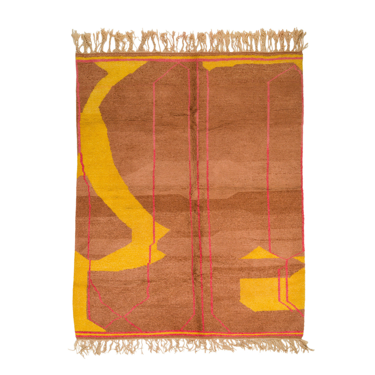 An Azilal Moroccan rug with a warm brown base, bold yellow abstract shapes, thin red vertical lines, and natural beige fringe on the top and bottom, shown against a plain white background.