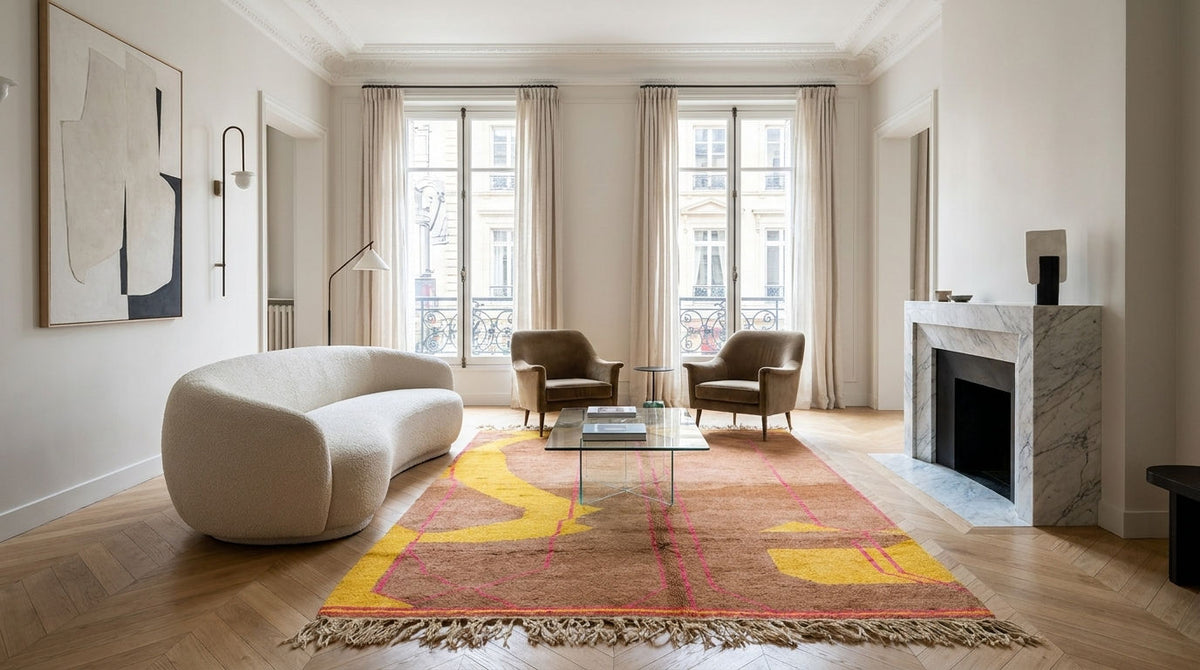 A large abstract Moroccan Azilal rug in red, yellow, and orange tones set in a modern living room with a curved cream sofa, two brown armchairs, a glass-top coffee table, and . The room has light wood floors, tall windows with beige drapes, and a white marble fireplace on the right.