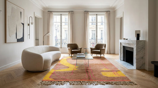 A large abstract Moroccan Azilal rug in red, yellow, and orange tones set in a modern living room with a curved cream sofa, two brown armchairs, a glass-top coffee table, and . The room has light wood floors, tall windows with beige drapes, and a white marble fireplace on the right.