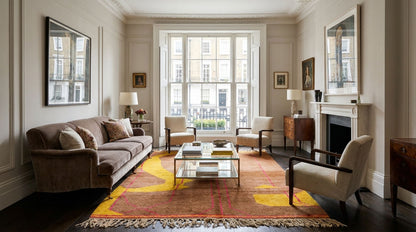 A large patterned Moroccan rug in orange, yellow, and red tones set in a  styled living room interior featuring a brown velvet sofa, beige armchairs, a glass-top coffee table. The room has cream walls, a white fireplace, and a large multi-pane window looking out onto other buildings.