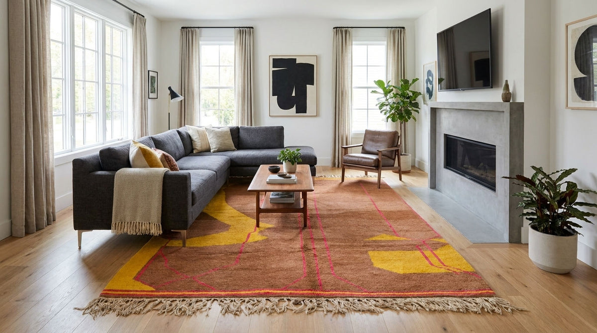 A large area rug with a red, orange, and yellow abstract pattern and fringed edges, styled in a modern living room with a dark gray sectional sofa, wooden coffee table, and light wood floors.