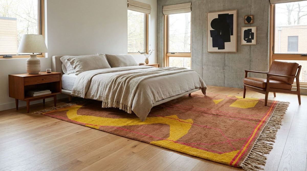 A large area rug with a distressed abstract pattern in rust red, mustard yellow, and orange, styled in a modern bedroom setting with a bed, wooden nightstand, and concrete wall.