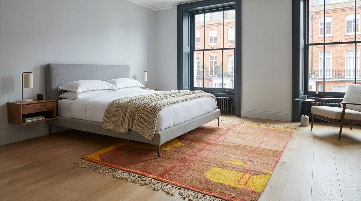 A modern bedroom featuring a gray upholstered bed with white bedding and a beige throw blanket, set on a colorful red and yellow patterned area rug. The room has light wood floors, a gray wall, large black-framed windows looking out onto brick buildings, and a matching gray armchair.