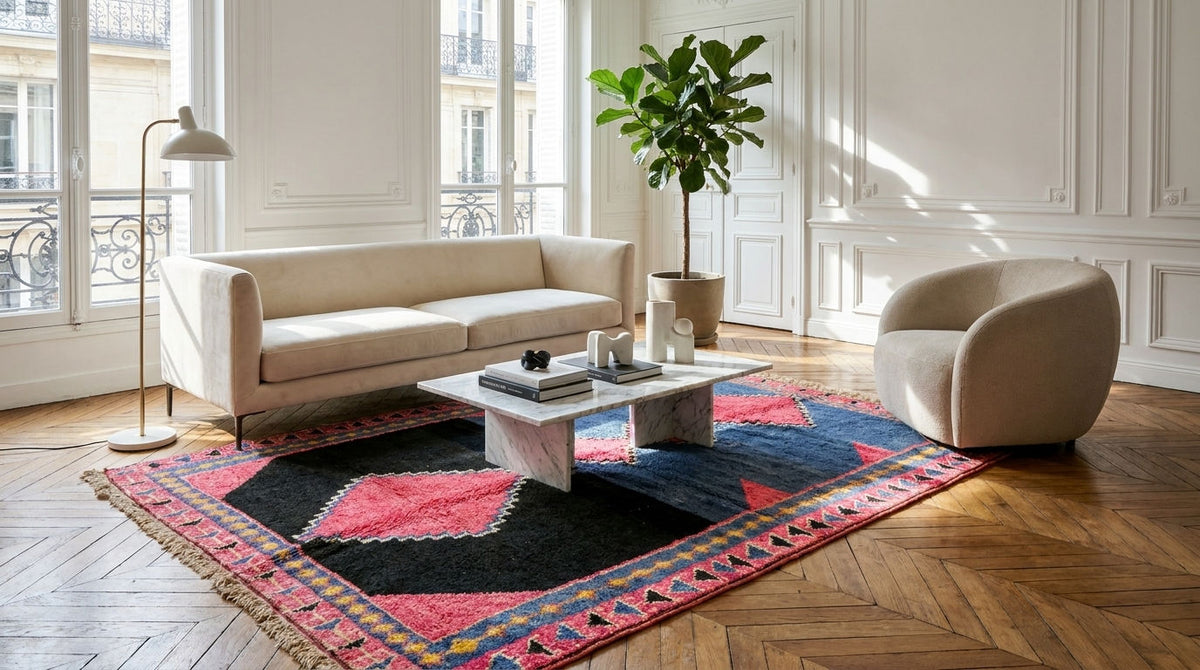 A styled living room scene featuring a large, colorful geometric area rug under a white sofa and coffee table, with a beige armchair, floor lamp, and potted plant in a bright room with wood paneling and parquet flooring.