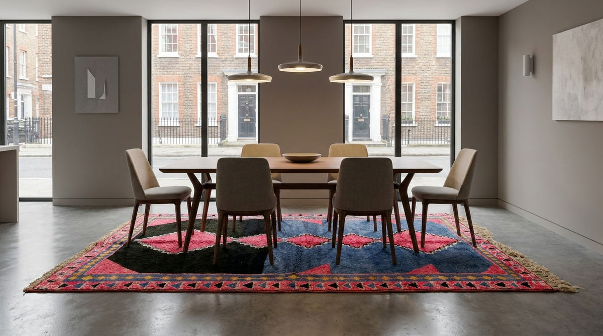 A large patterned Moroccan area rug set in a dining room scene showing a rectangular wooden dining table with six upholstered chairs. The room has tall windows, gray walls, pendant lights, and a brick building visible outside.