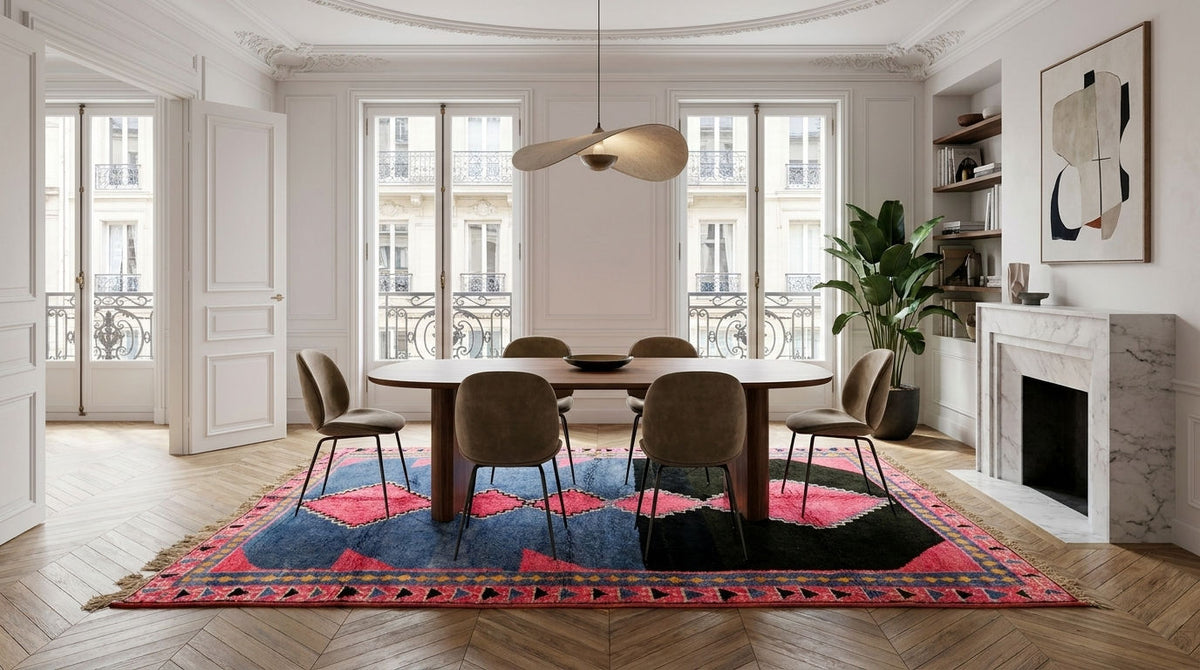 A large, colorful area rug with a red, blue, and black geometric pattern is styled in a bright, classic Parisian dining room with a wooden dining table and chairs.